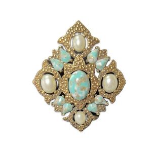 Vintage Sarah Coventry Remembrance Goldtone Faux Turquoise and Pearl Brooch